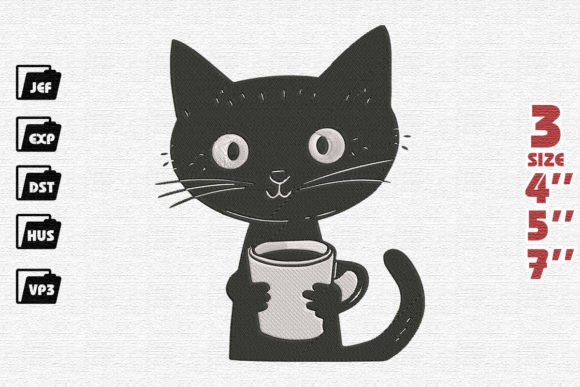 Angry Cat Drinks Coffee Embroidery