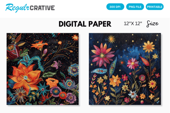 Cosmic Floral Embroidery Digital Paper