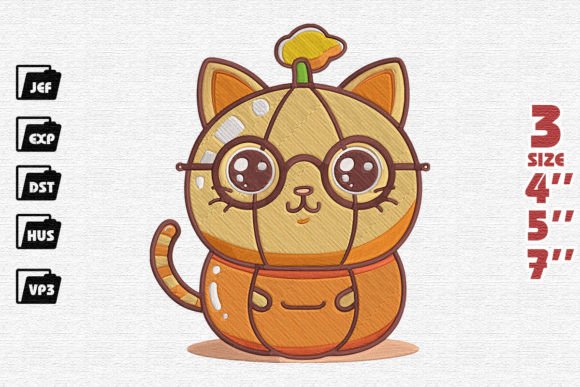 Cute Cat Pumpkin Embroidery