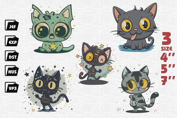 Set of 9 Cute Funny Cats Embroidery